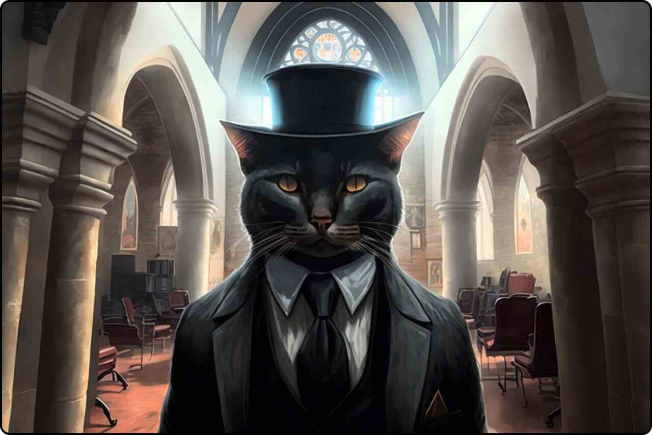 Digital artwork of a cat with hat in a church, showcasing AI-generated architectural features